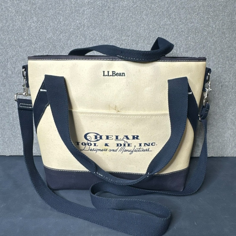 LL Bean Boat & Tote Insulated Canvas Cooler Tote Navy Cream Zip Lunch Bag Strap